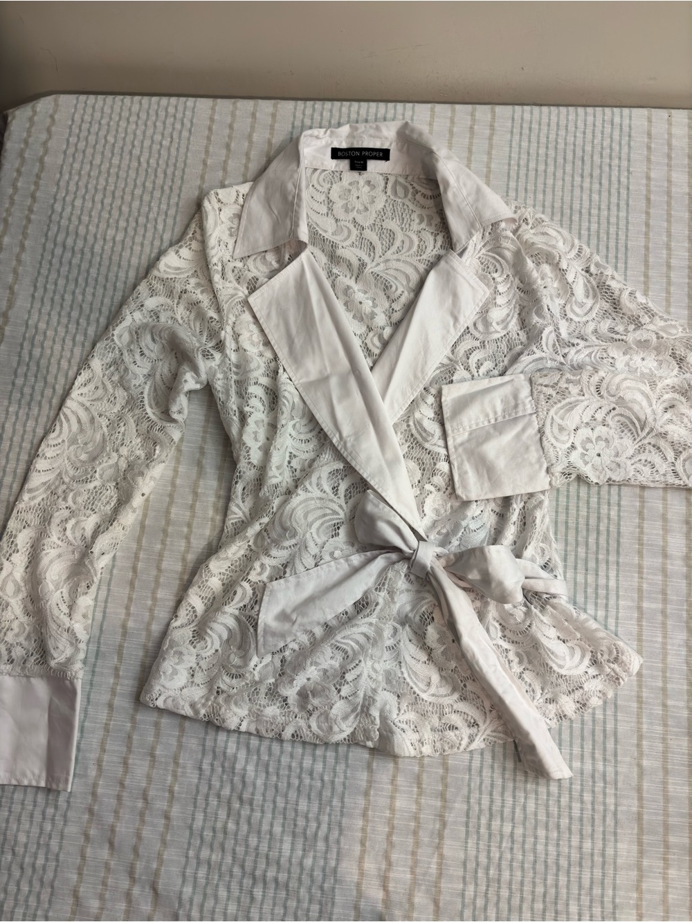 Boston Proper White Lace Wrap Blazer with Tie Waist